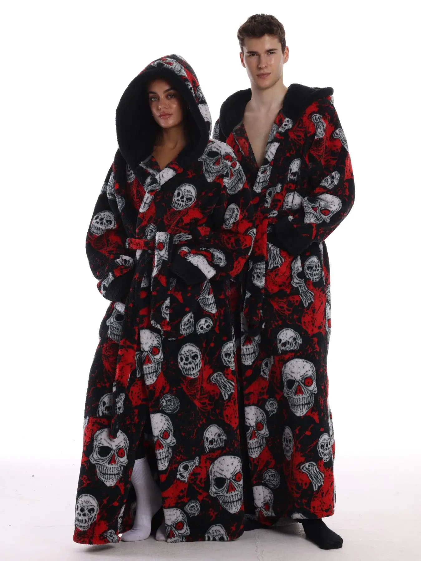 Elegant Chic Skull Print Hooded Casual Loungewear Bathrobe for Home, Unisex Soft Comfortable Baggy Loose Fit Nightwear Sleep Robe with Pockets for Valentine's Day Gift, Long Sleeve Washable Design