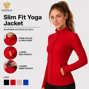 Women's Slim Fit Full Zip Jacket – Long Sleeve Yoga Top with 4 Pockets for Workout & Running