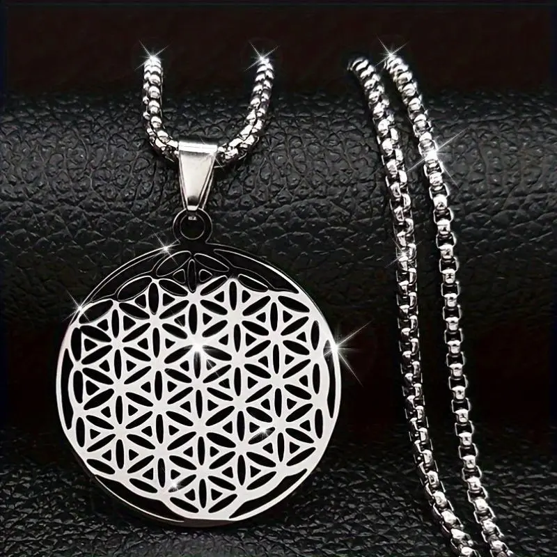 Unisex Stainless Steel Chain Jewelry Necklace - Flower of Life Design with Golden Mandala Metatron Accent, Chain Jewelry Necklaces