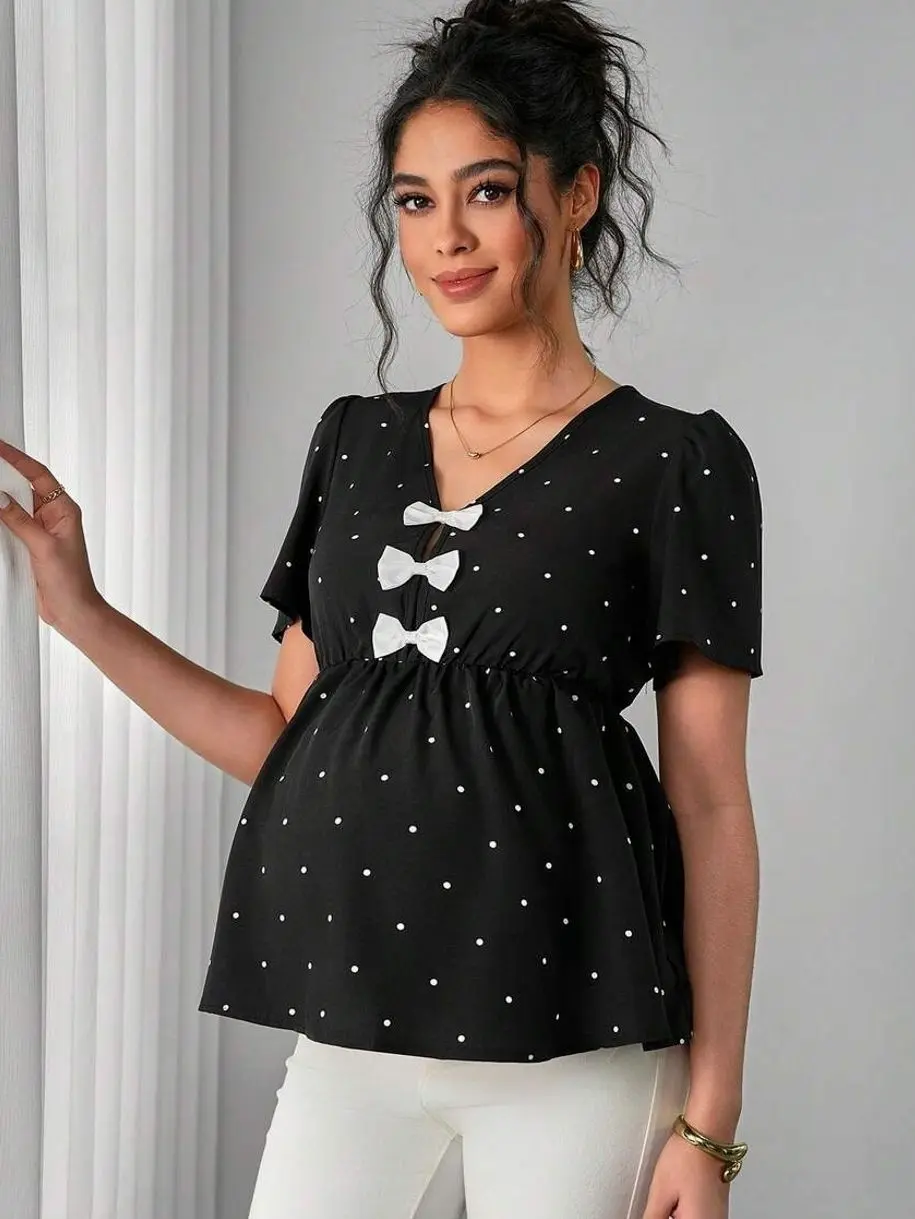 Maternity Polka Dot V-Neck Blouse - Bow Decor & A-Line Hem Top