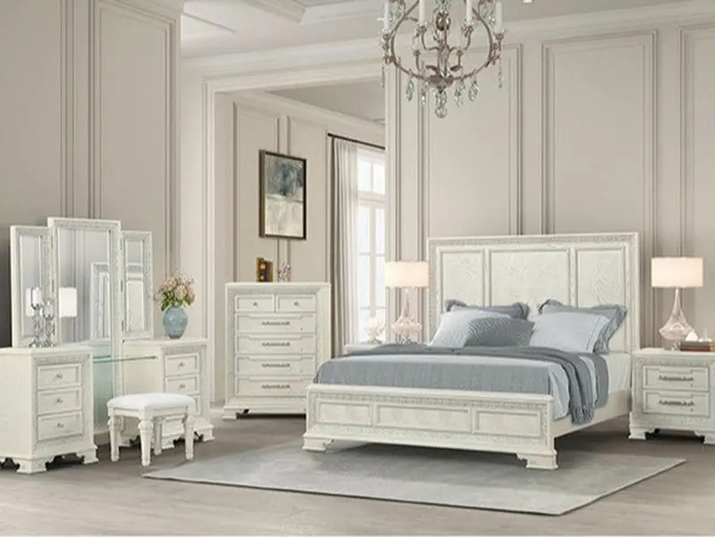 FM70000WH-W 4 PC Stella Mia Creamy White & Wood Ash Burl Finish Traditional Queen Bedroom Set with Bed Nightstand Dresser & Mirror