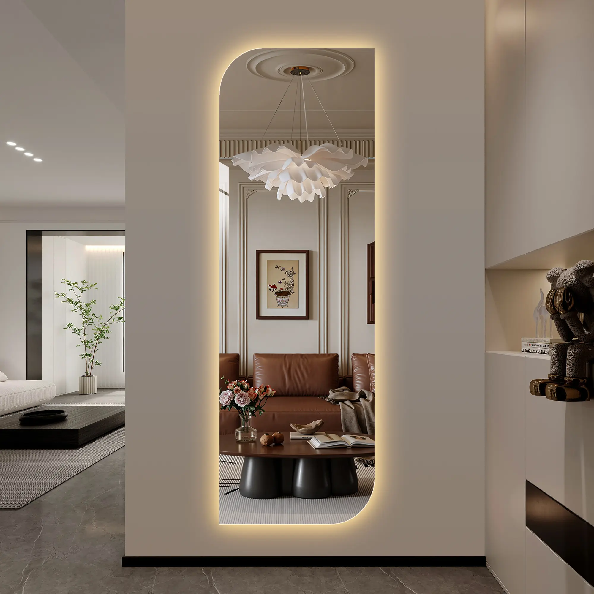 65"x21" Unframed Modern Wall Mounted LED Full Length Mirror - Irregular Shape, 3-Color Dimmable Soft Lighting, 5mm Copper-Free Silver Glass, Safety Durable, Adjustable Installation for Entryway, Bedroom Outfit Checks, Vertical