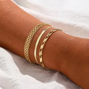14K Gold Bracelets for Women Dainty Waterproof Jewelry Set Minimalist Stackable Herringbone Cuban Chain Fashion Charm Gold Bracelets Trendy Accessories for Gifts