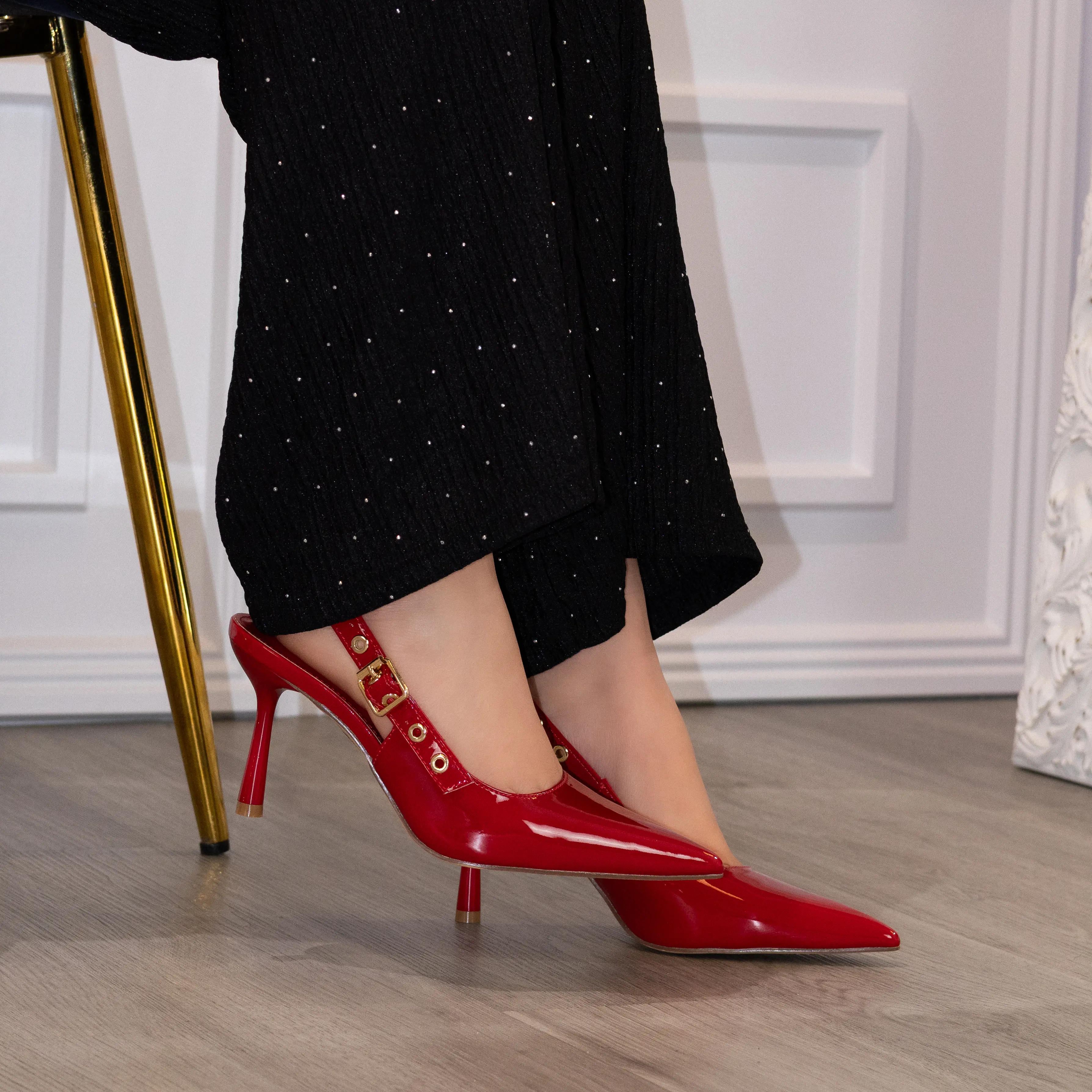 Candy - Patent Grommet Strap Slingback Heels - Elegant Glossy Pointed Toe Sandals with Adjustable Straps for Business Casual & Trendy Outfits - Walking Shoes