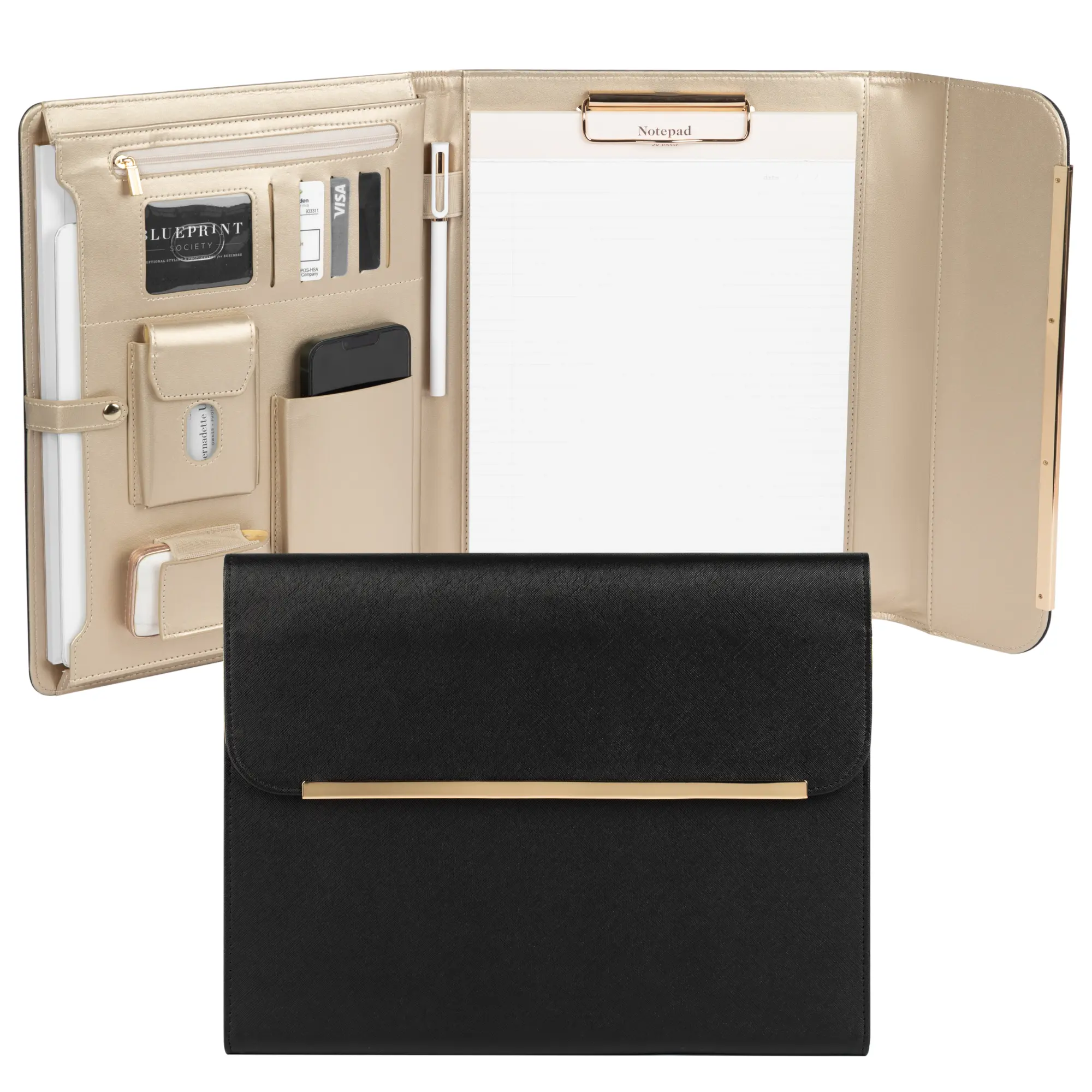 BLU MONACO Women's Professional PU Leather Padfolio - Multifunctional Stationery Office Supplies, Desk Organizer with Gold Accents, Magnetic Closure, Business Card Holder, for Interviews, Fits Standard 8.5 x 11 Notepads