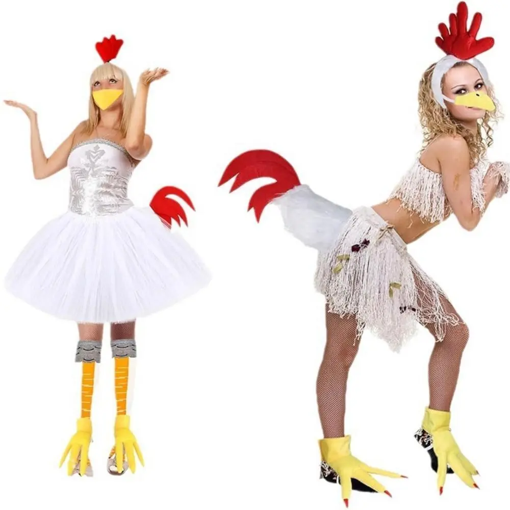 Women's Chicken Costume Set with Clothes and Accessories - Headband, Tail, Nose, Gloves, Tutu Skirt, Socks for Halloween, Thanksgiving Rooster Dress-Up