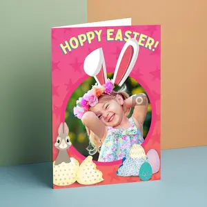 Custom Easter Bunny Photo Card (5x8 Folded, 10x8 Open) – “Hoppy Easter” Design | Turn smiles into a sweet keepsake they’ll love forever