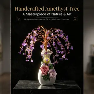 Natural Amethyst Crystal Tree Purple Gemstone Bonsai Sculpture in White Bowl Handcrafted Home Office Desk Decor Centerpiece