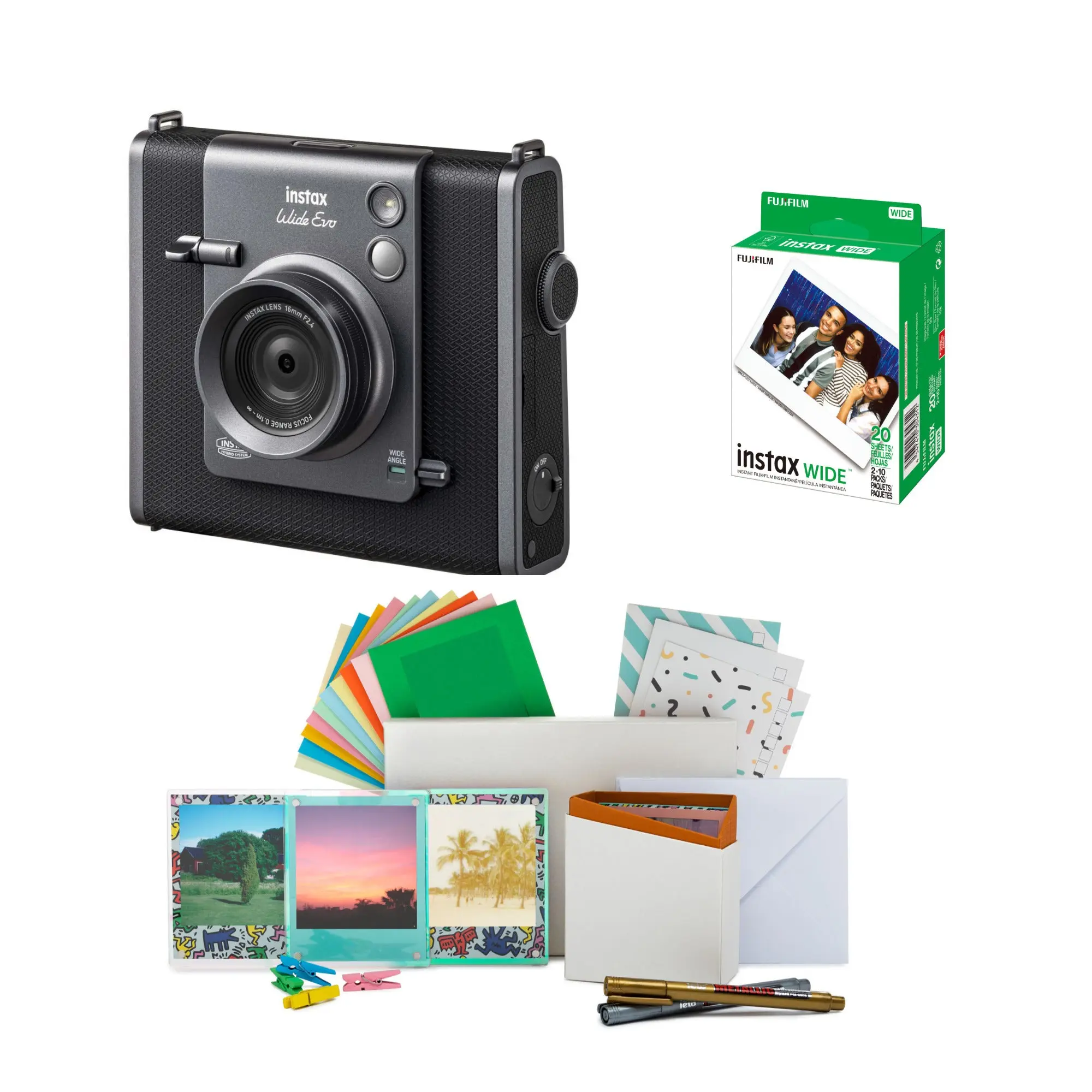Fujifilm Instax Wide Evo Hybrid Instant Camera Bundle with Wide Film Accessories, Picture-Capturing Lens, Selfie Capability, LCD Screen, and Half-Push Focus Feature