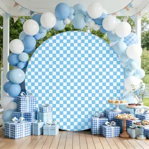 7.2FT Round Backdrop Cover Blue White Checkered Round Backdrop Cover, Circle Arch Background Fabric for Boy Baby Shower, Birthday Party, Gender Reveal, Photography Photoshoot, Reusable Party Decor(without bracket)
