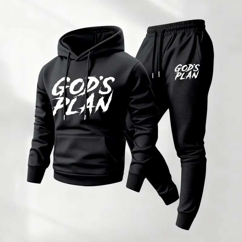 Men's 2-Piece Polyester Tracksuit - Soft Fabric Longsleeves Hoodie with God's Plan Print, Drawstring Sweatpants, Casual Loose Athletic Outfit for Fall Winter Daily Wear, Ootd Ideas Sporty Chic Menswear Set, Fashion, Mensfashion, Printed Set, Hoodie/Jumper