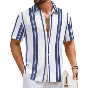 Mens Short Sleeve Casual Shirts Button Down Striped Summer Shirts Textured Vacation Beach Shirt