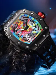 Graffiti Tonneau Watch | Rose Gold Tonneau Case, Rainbow Graffiti Skeleton Dial, Yellow Silicone Strap, Men's Hip Hop Trend Watch, Casual Trendy Wristwatch