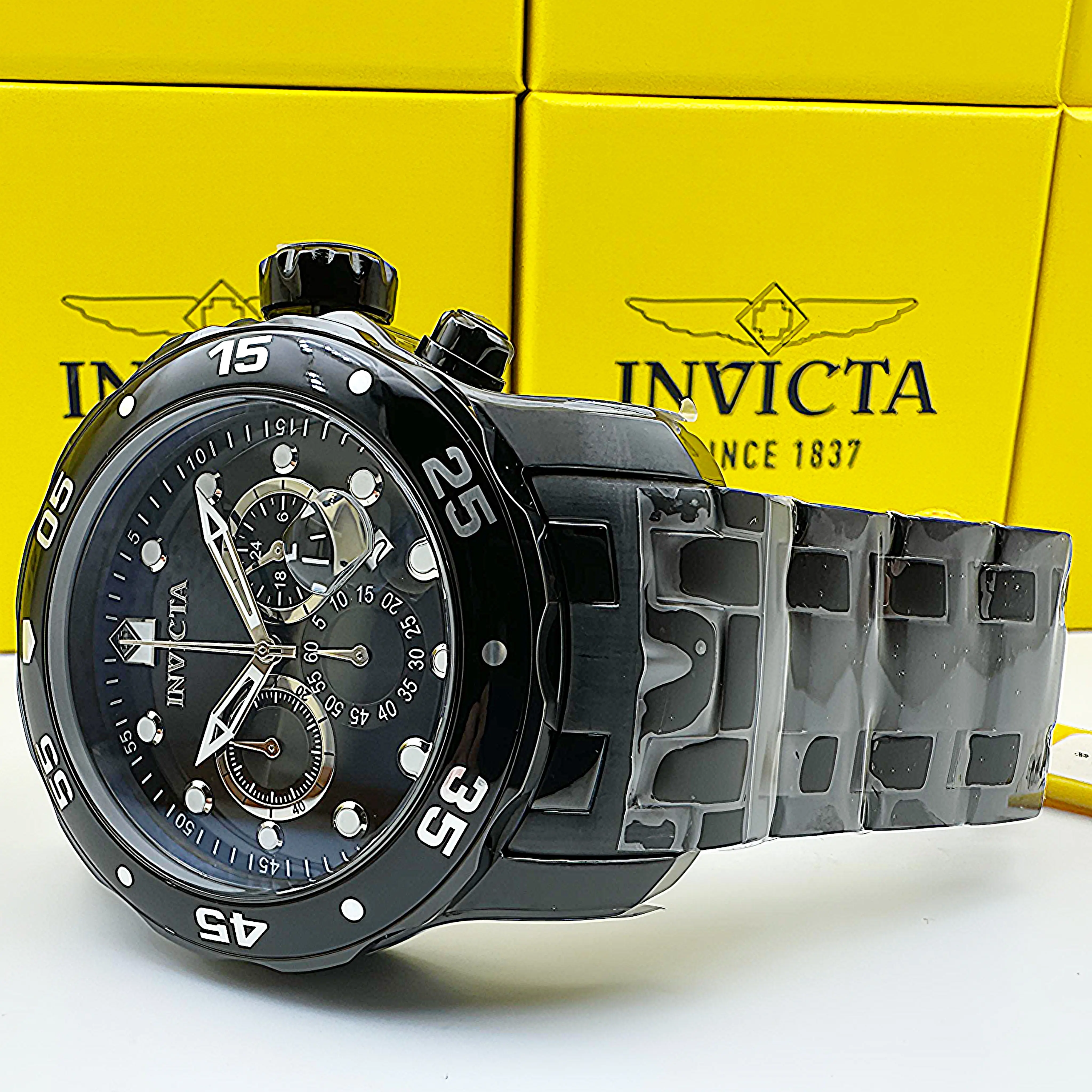 Invicta Men's 48mm Pro Diver SCUBA Chronograph Analog Quartz Sports Watch, Triple Black Stainless Steel with a Combat Look, All-Metal, Sports Use, Men's Watches, Brand New