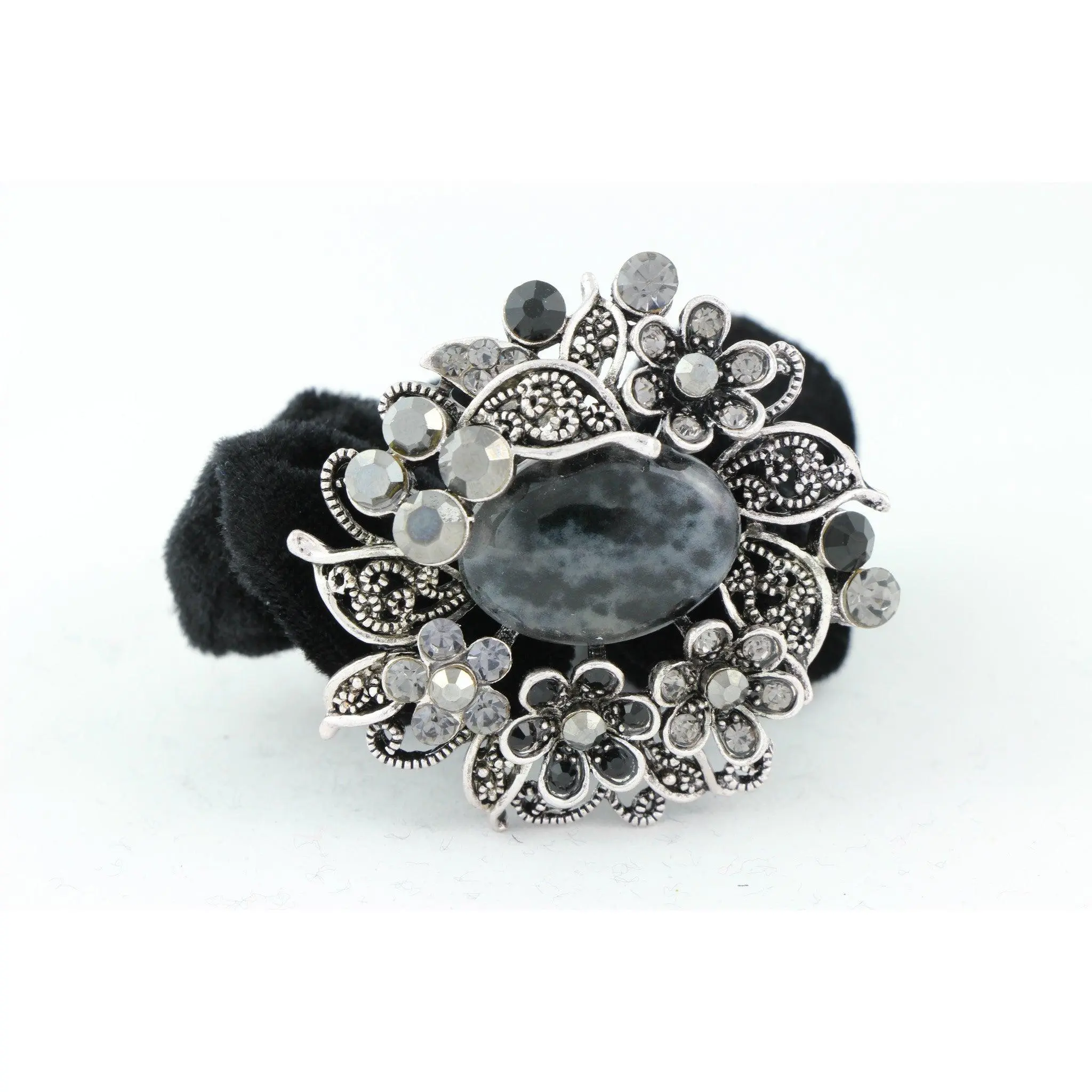 Wreath design pony tail holder with translucent beads and crystals - Black