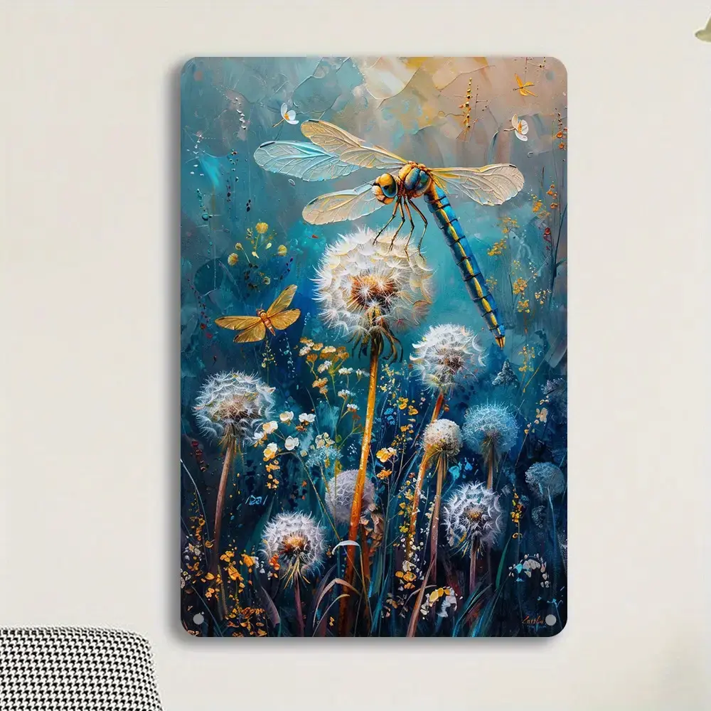 2D Flat Vintage Dandelion & Dragonfly Artistic Metal Wall Sign - 8x12in Iron Aesthetic Speciality Plaque, Rustic Blue & Yellow Vintage Floral Print Decoration with Butterflies, Wildflowers for Home, Office - Ideal Home Inspo Gift, Aesthetic Speciality Pla