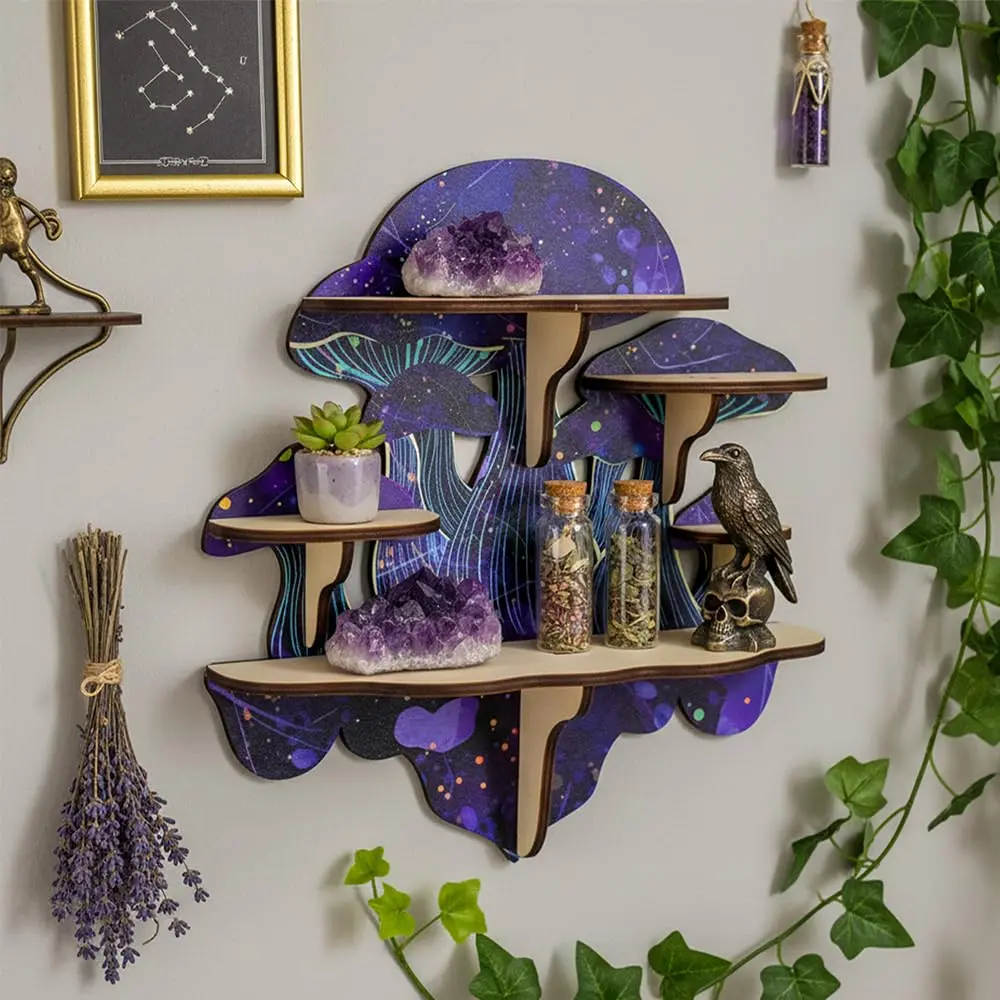 Gothic Mushroom Wall Shelf - Wooden Altar Display Rack for Crystals & Essential Oils