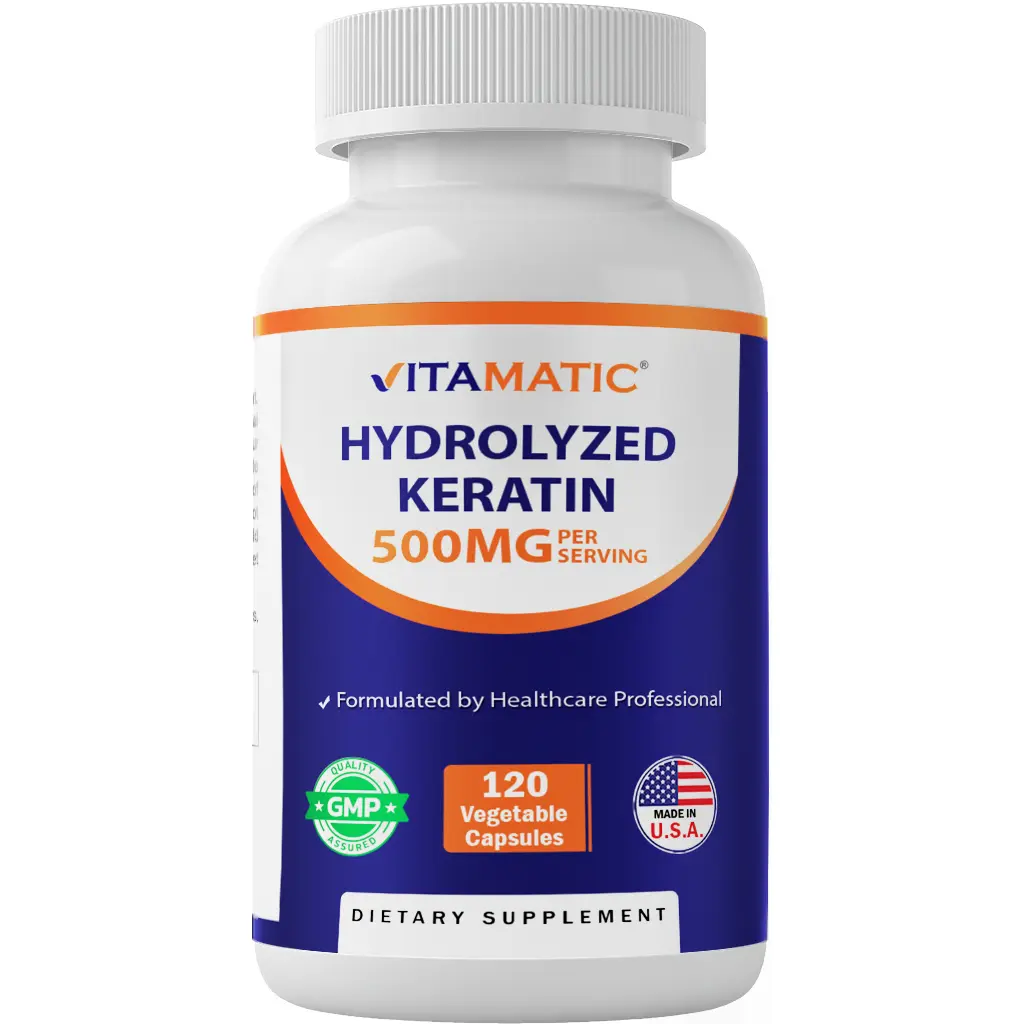 Vitamatic US-Made Edible Hydrolyzed Keratin Dietary Supplement - 500mg per Serving, 120 Vegetarian Capsules, Biotin Hair Growth Supplements, Hair Skin Vitamins, Skin Care Support, Gluten-Free, No Artificial Flavor, Free of Egg, for Adults, Beauty Suppleme