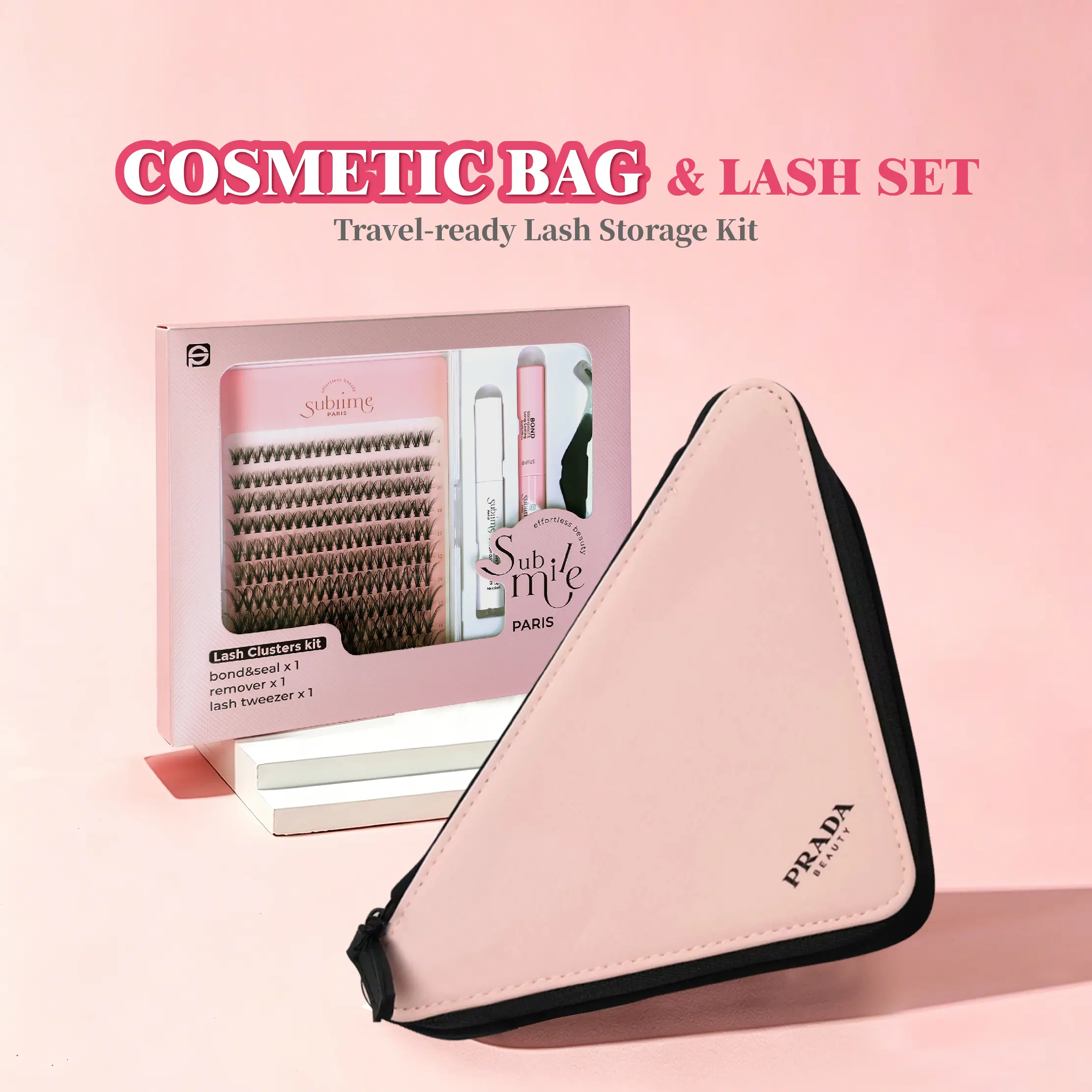 Prada Triangle Pink Toiletry Bag and Makeup Bag Comes with a free gift &Sublime ParisDense Cluster False Eyelashes Kit
