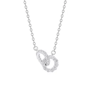 S925 silver pendant necklace, women's style | Transparent cubic zirconia double-ring necklace, simple daily accessory gift