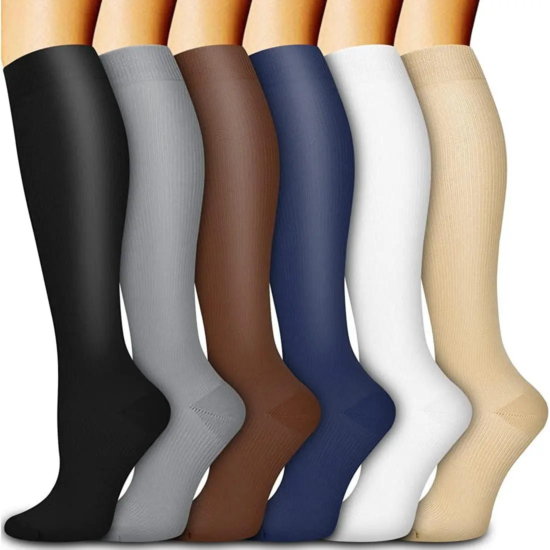 Women's 6-Pair Compression Socks - Striped Floral-Pattern Thigh Highs, Moisture Wicking Breathable Polyester Assorted Mixed Knee-Highs for Running, Yoga, Moisture Wicking Socks, Casual Wear, Polyester Fabric
