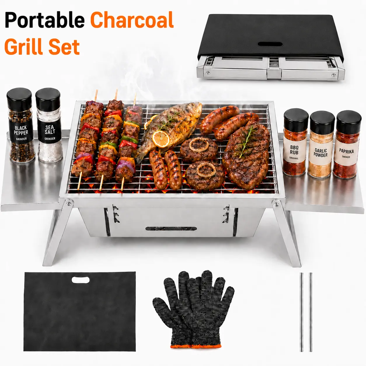 Stainless Steel Foldable Mini Portable Charcoal BBQ Grill Set with 4-Level Heat Control, Metal Rack Outdoor Tabletop Smoker for Camping, Picnic