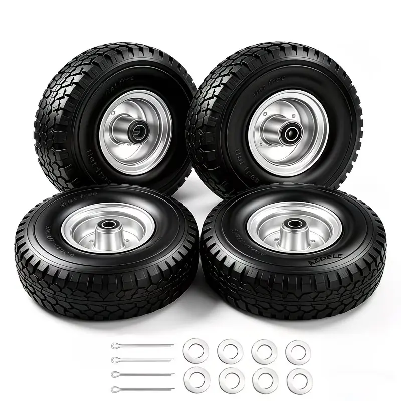 [Heavy Duty Tires] 10" Solid PU Air-Free Tires (4-Pack) with 5/8" Bearings, 2.2" Offset Wheels, Heavy Duty Replacement Tires for Unicyclists, Garden Trolley Replacement Tires