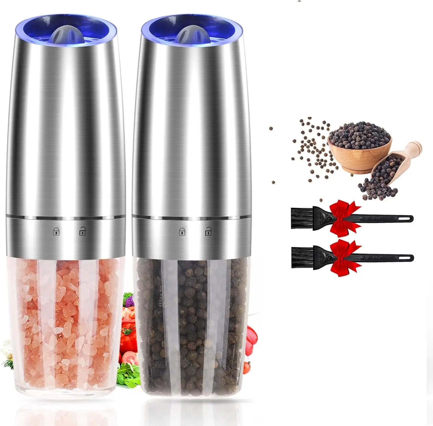 Battery Operated Salt and Pepper Grinder Set with LED Light, Automatic Electric Gravity Salt & Pepper Shakers, Adjustable Roughness, 2 Pack (Black), Easy One-Handed Grinding for Kitchen & Dining
