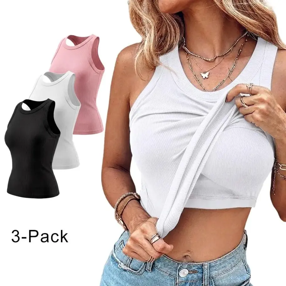 3-Pack Built-in Bra tank tops for women Ribbed Racerback Seamless Padded Camisole, basic tanks, going out tops, summer tops, women’s tops with bra Support for Lounge, Gym, Travel, Layering and Daily Wear