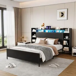 【Bellemave】 Size Bed Frame with USB Charging Station, Storage Headboard and with Led Light, Heavy Duty Metal Platform Bed Frame, No Box Spring Needed, Black