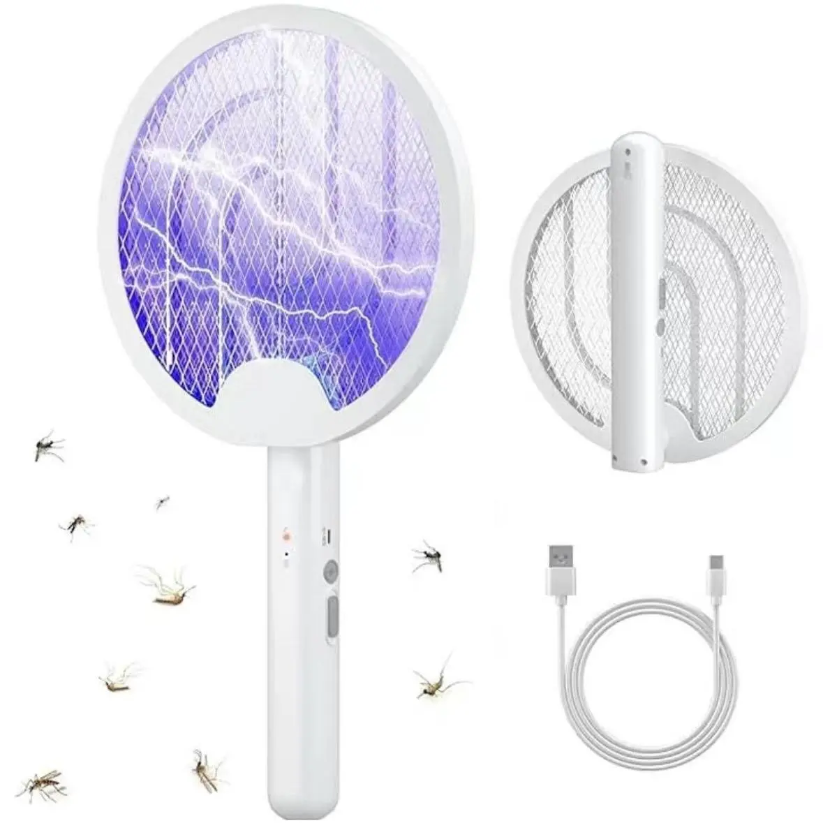 Bug Zapper Mosquito Killer (2 Pack), Rechargeable Handheld Swatter for Camping Gear, 4000V Grid Kills Flies & Moths, Foldable with 3-Layer Safety Mesh & Wall/Table Mount