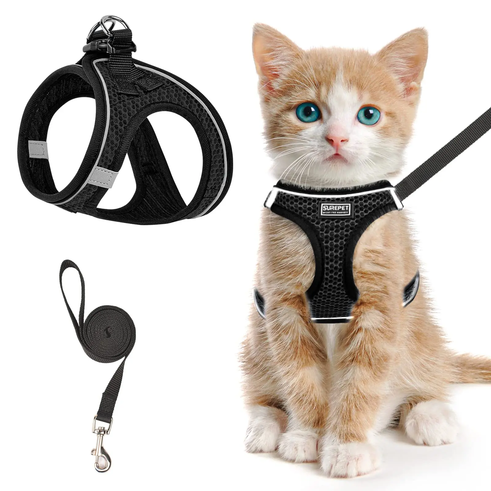 Escape-Proof Cat Harness and Leash Set, Adjustable Reflective Soft Mesh Kitten and Puppy Vest Reflective Strip Harness for Outdoor Walking, Durable Comfort-Fit Pet Harness