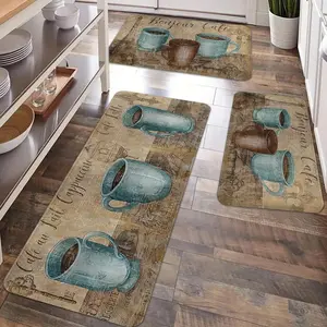 2/3pcs retro kitchen anti slip carpet floor mat set, retro coffee cup printed kitchen anti fatigue floor mat, soft and comfortable flannel kitchen floor mat, suitable for kitchen, laundry room, bathroom, living room, room decoration floor mat