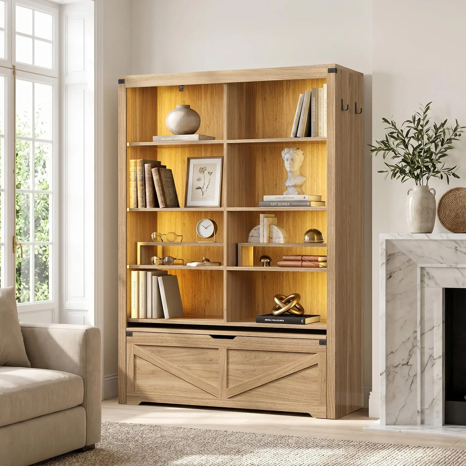 HAUOMS Oak Wood 70.9" Tall Rectangular Bookshelf, Contemporary 5-Tier Heavy-Duty Bookcase with Rolling Storage Bench, Custom Layout Large Storage Cabinet Organizer for Living Room, Home Office (Aesthetic Warmth), Modern Cabinets, Racks & Shelves