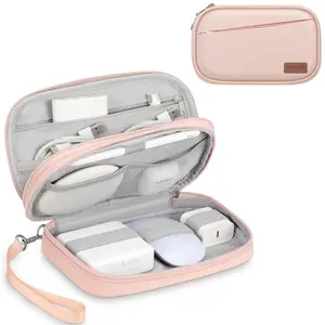 Pink Storage Bag for Electronic Accessories, Double-Layer Bag for Cords, Hard Drives, Chargers, Wireless Earbuds, USB, SD Cards Organiser