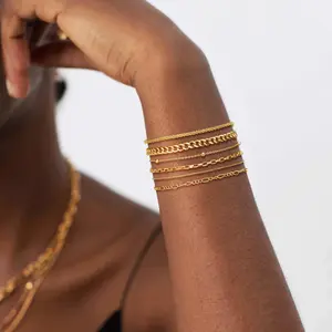 TEWIKY 14K Gold-Plated Six-Layer Bracelet Figaro Box Chain Square Paperclip Beaded Faceted Cuban Starry Elegant Design Valentine's Day Gift Versatile Wear