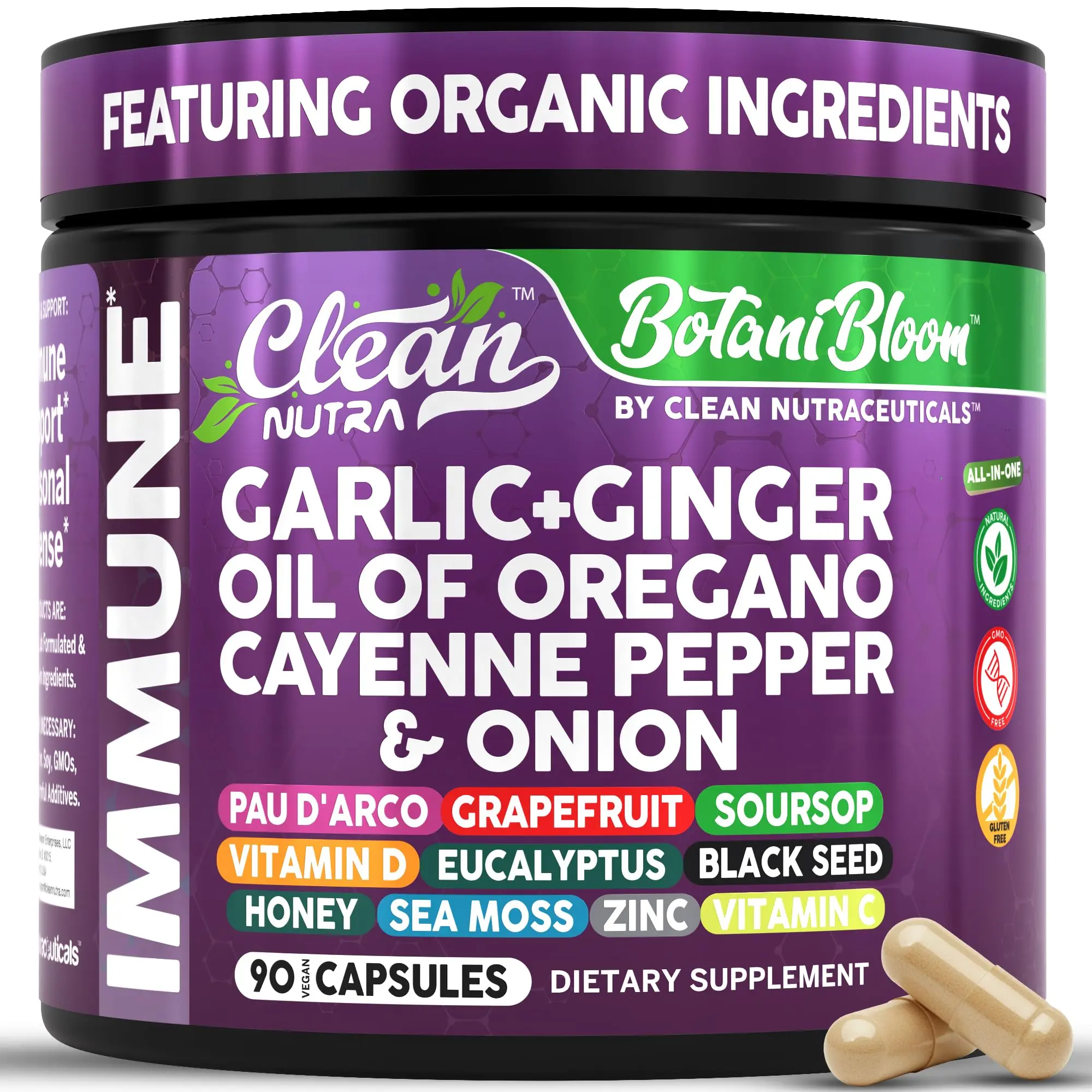 Clean Nutra Garlic, Ginger, Oil of Oregano, Cayenne Pepper, Onion, Zinc & Vitamin C for Herbal Defense & Daily Wellness - Botani Bloom