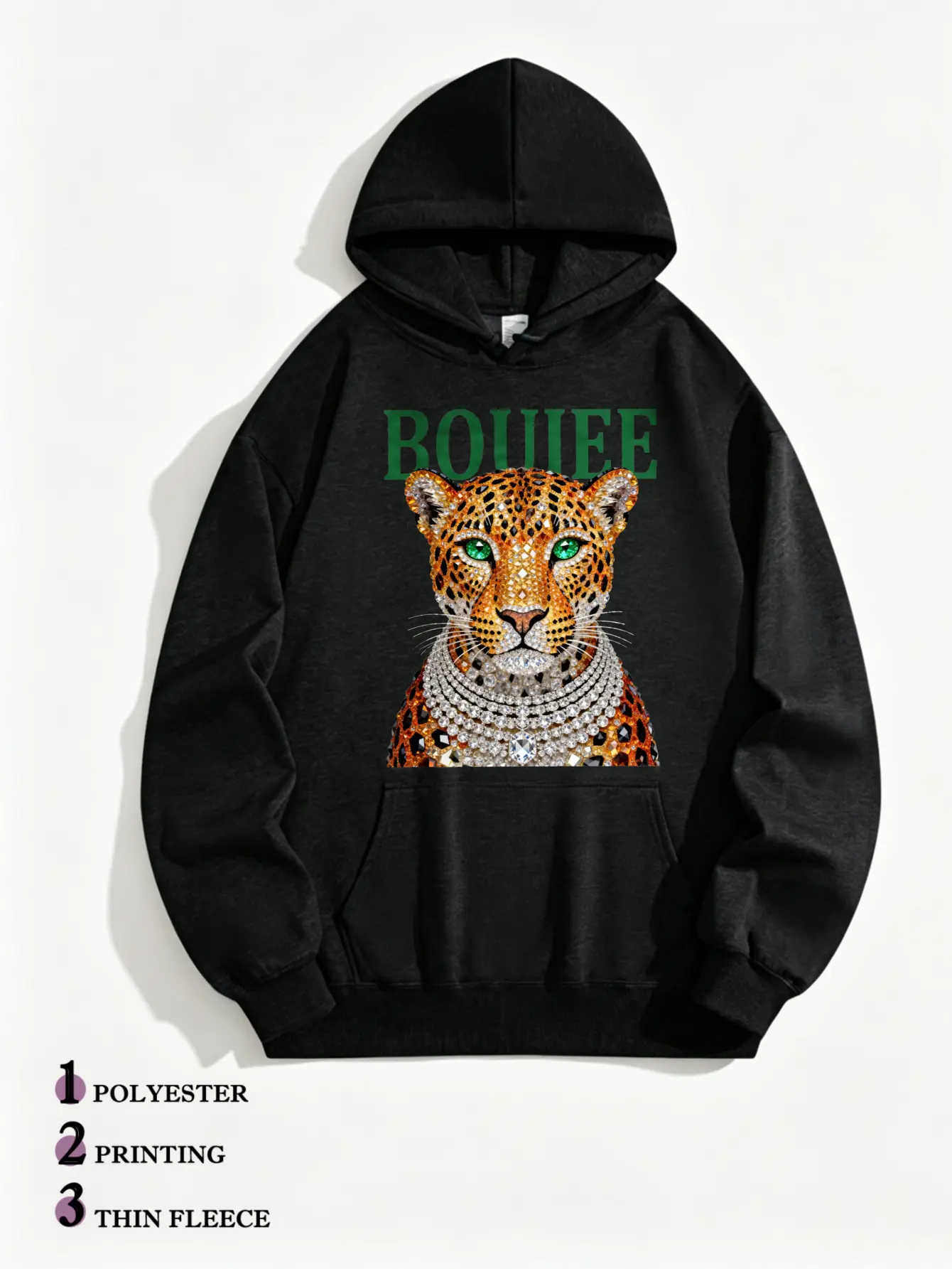 Women Boujee Leopard Hoodie, Glam Rhinestone Diamond Leopard Graphic Pullover Sweatshirt, Trendy Luxury Aesthetic Thin Fleece Long Sleeve Hoodie For Casual Street Party Outfit