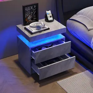 LED End Table, Modern Bedside Table with Storage, 20.5" Tall End Tables Bedroom Set of 2 with 2 Drawers, LED Furniture for Bedroom, Living Room, and Playroom, Deep Gray