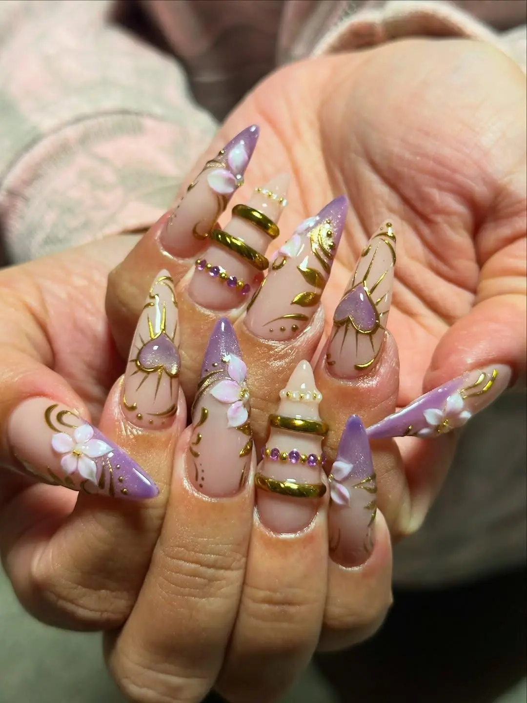 Handmade Purple Ombre Princess Press On Nails | 3D Flower Gold Sun Reusable Fake Nails | Fairytale Fantasy Wedding Nail Art