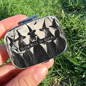Witch Girls Vintage Pill Case with Compact Mirror, Gothic Retro Style Double Compartment, Portable Plastic Pill Organizer, Storage, Gift for Witchy Women, Halloween
