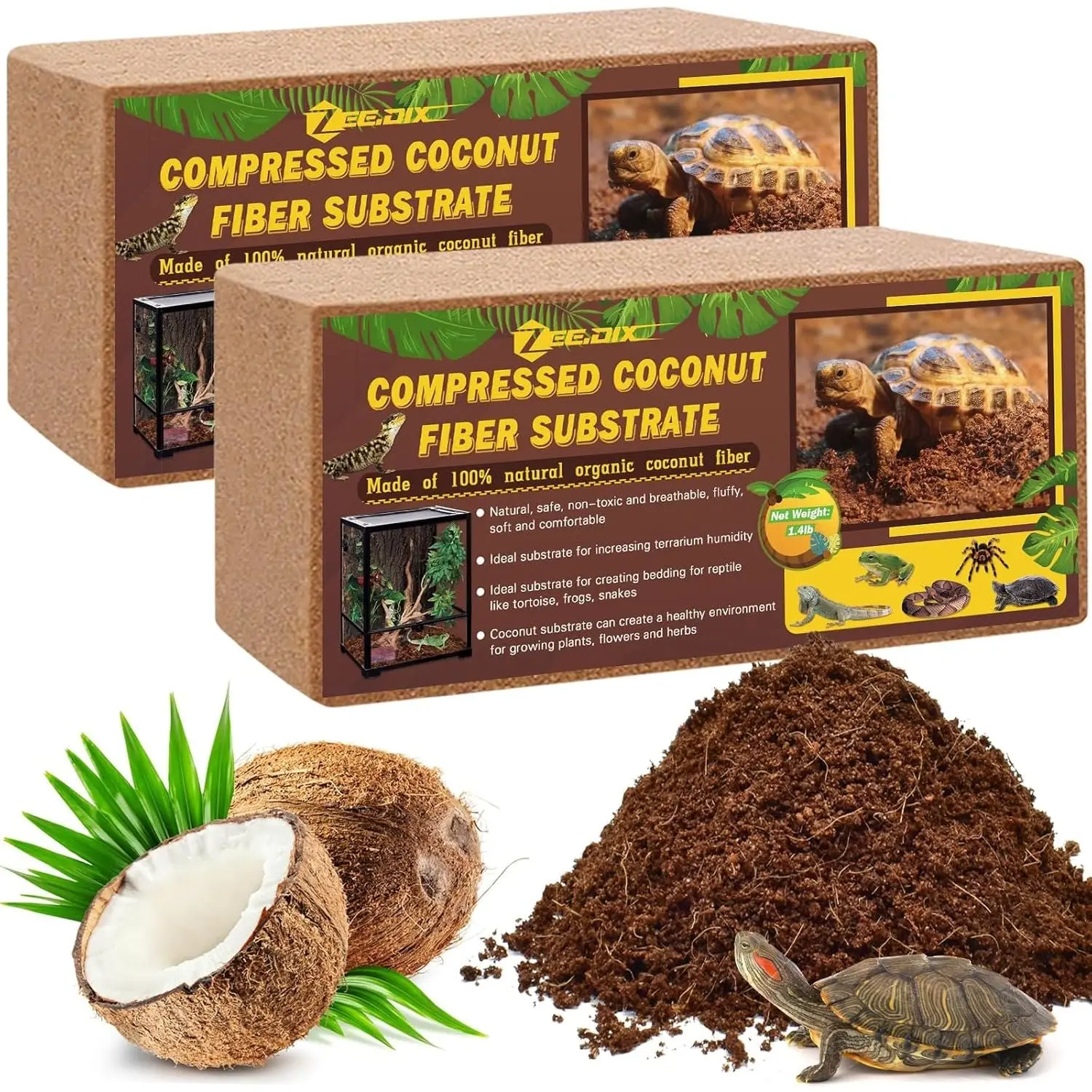 2-Pack Breathable Moisture-Lock Organic Coconut Fiber Terrarium Bedding Substrate - Soak First, Ideal for Reptiles & Amphibians (Tortoises, Bearded Dragons Included)