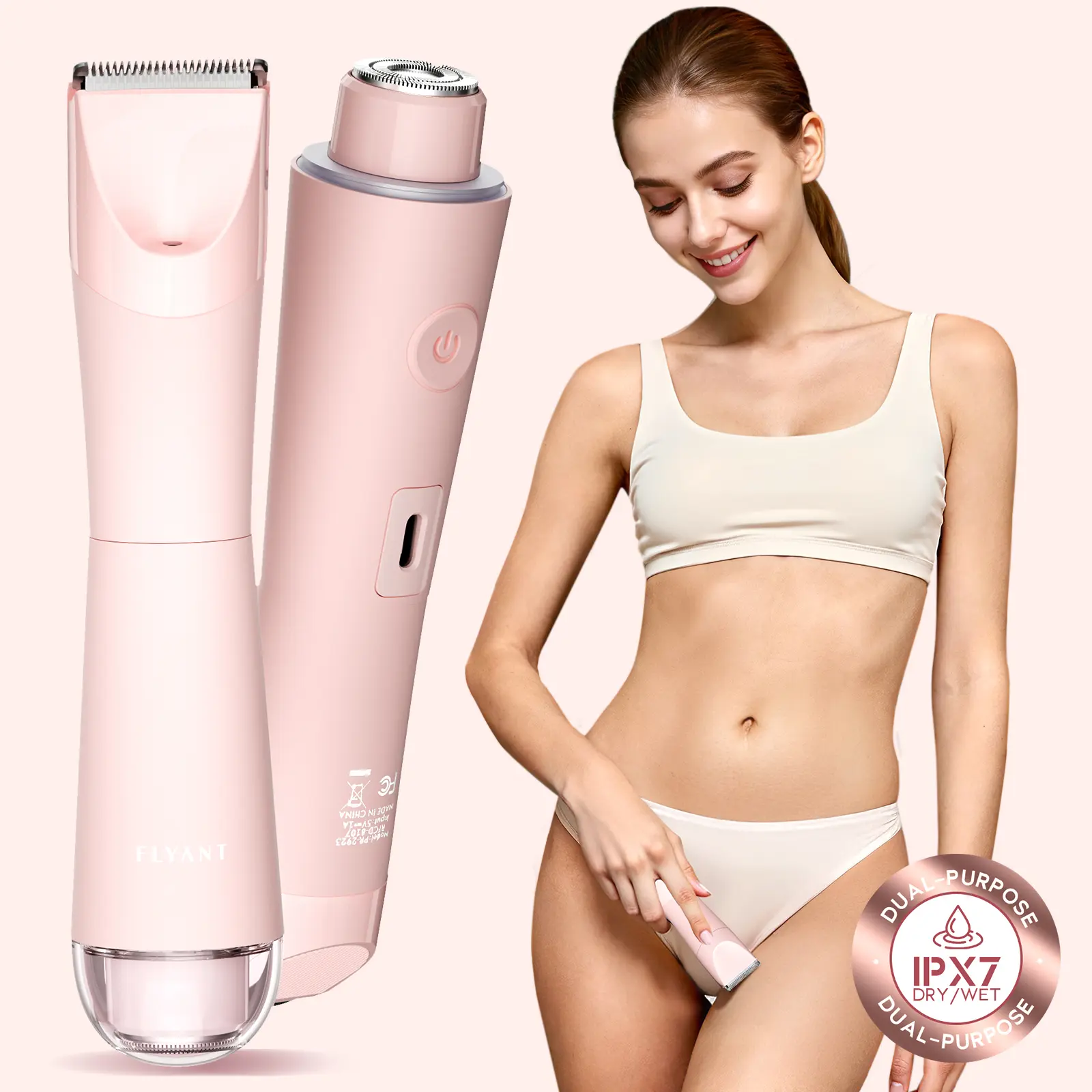 Flyant Dual Head Bikini Trimmer for Women, 2 in 1 Electric Shaver for Women, Pubic Hair Trimmer Waterproof IPX7 with LED, Bikini Electric Razor for Leg Arm Underarm Bikini Area, Dual Head Electric Hair Removal Tool