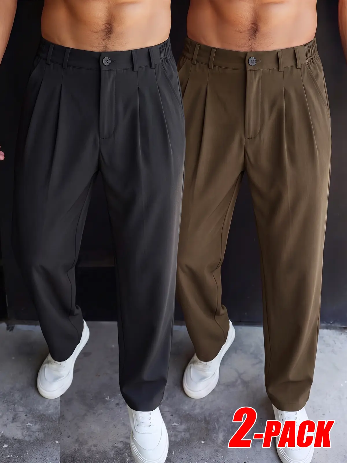 2-PACK Men Double Pleated Straight Cropped Trousers, Wrinkle Free Ventilated Fabric, Clean Fit Minimal Urban Silhouette, Multi-Occasion Smart Casual Business Casual Cropped Pants For Urban Daily Outfit Bundle