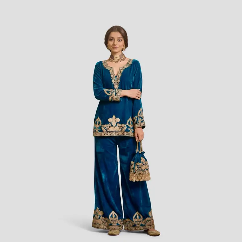 Women's Pure Viscose Velvet 3-Piece Kamiz Palazzo Outfit - Long Sleeve Top, Elastic Waist Trousers, Chain Embroidery Potli Bag, 36-37 in, Sizes M-XXL, Women's Clothes