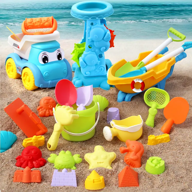 Kids Beach Sand Toy Set with Wagon, Bucket, Shovels & Sand Molds for Toddlers