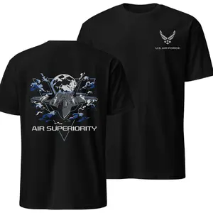 Air Superiority Graphic T-Shirt & Hoodie, Featuring Fighter Jet Design and U.S. Air Force Logo, Soft Cotton Blend Shirt, Vintage Military Apparel for Men & Women, Perfect Gift for Aviation Enthusiasts