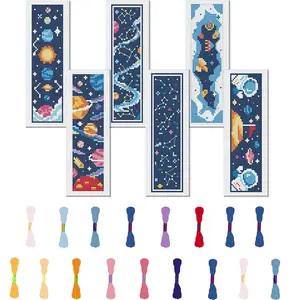 Space Themed Cross Stitch Bookmark DIY Art Set, Embroidery Design Set, Beginner Friendly, 1 Set Including 6 Counts Printed Cross Stitch Cloth  Random Color Thread &  Needle & Embroidery Floss & Instruction Manual, Gift for Friend Family