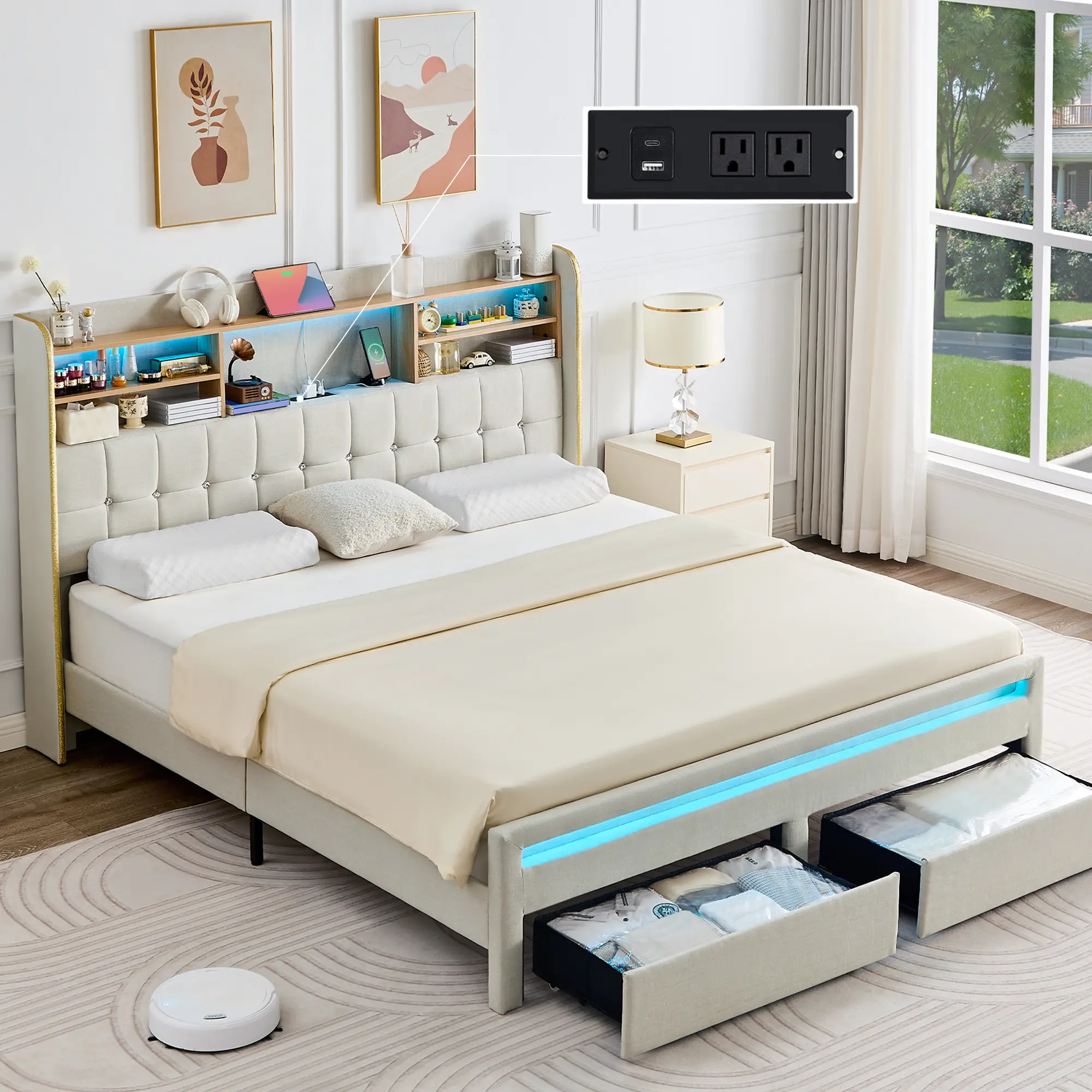 California King LED Bed Frame with Bookcase Headboard & 2 Drawers, Upholstered Platform Bed with Charging Station, Crystal Button Tufted Wingback Design, Black/White/Cream/Gray tiktokshopbacktoschool