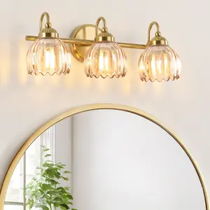 Vintage Bathroom Light Fixtures, Brass Vanity Lights with Tulip Glass Shade, Vanity Sconces for Bathroom Bedroom Living Room Hallway